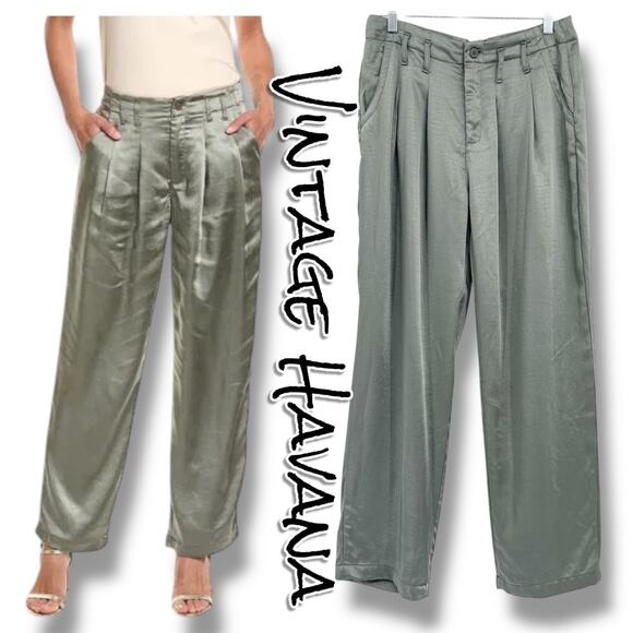 Vintage Havana Pants - Vintage Havana Satin Pleated Wide Leg Pants Sage Green Trouser M Luxe Elevated